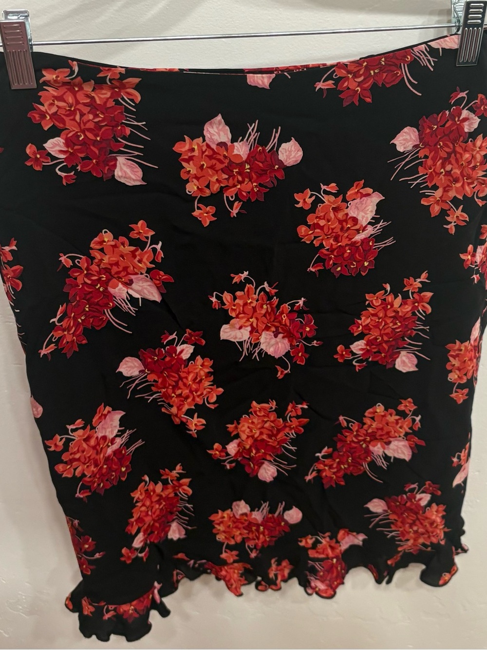 bebe Black Midi Skirt with Red & Pink Floral Clusters